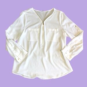 Calvin Klein white quarter zip sheer pocket blouse XL